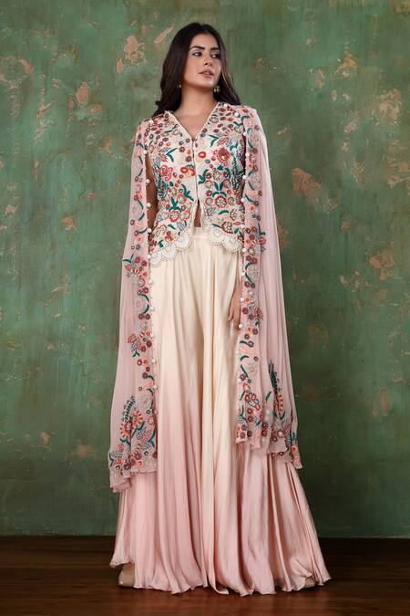Buy Preeti Jhawar Pink Chiffon, Cotton Satin Floral, Moti Cape Open, Embroidered And Sharara Set Online at Aza Fashions Buy_Preeti Jhawar_Pink Chiffon, Cotton Satin Floral, Moti Cape Open, Embroidered And Sharara Set _Online_at_Aza_Fashions