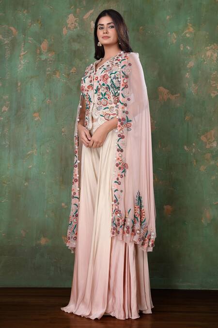 Shop Preeti Jhawar Pink Chiffon, Cotton Satin Floral, Moti Cape Open, Embroidered And Sharara Set Online at Aza Fashions Shop_Preeti Jhawar_Pink Chiffon, Cotton Satin Floral, Moti Cape Open, Embroidered And Sharara Set _Online_at_Aza_Fashions