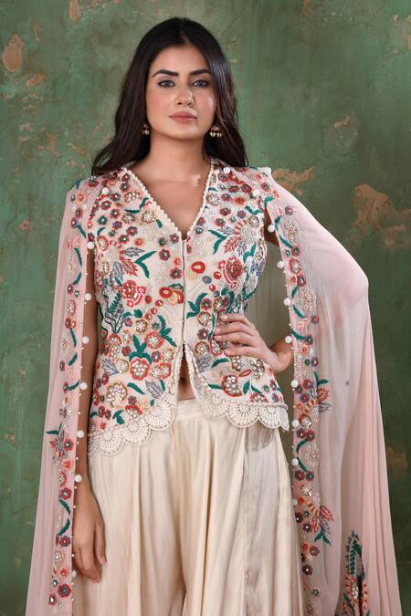 Preeti Jhawar Pink Chiffon, Cotton Satin Floral, Moti Cape Open, Embroidered And Sharara Set at Aza Fashions Preeti Jhawar_Pink Chiffon, Cotton Satin Floral, Moti Cape Open, Embroidered And Sharara Set _at_Aza_Fashions