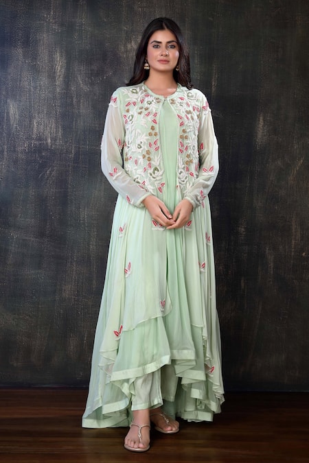 Preeti Jhawar Green Chiffon, Georgette, Cotton Satin, Shantoon Embroidered Jacket And Pant Set 
