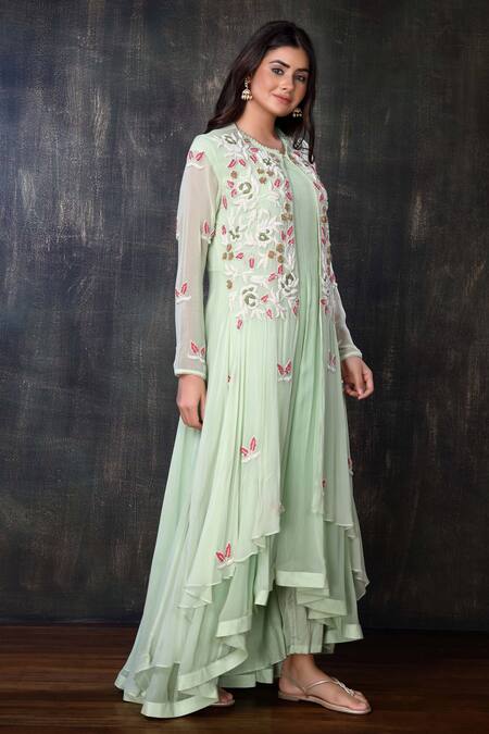 Preeti Jhawar_Green Chiffon, Georgette, Cotton Satin, Shantoon Embroidered Jacket And Pant Set _Online_at_Aza_Fashions