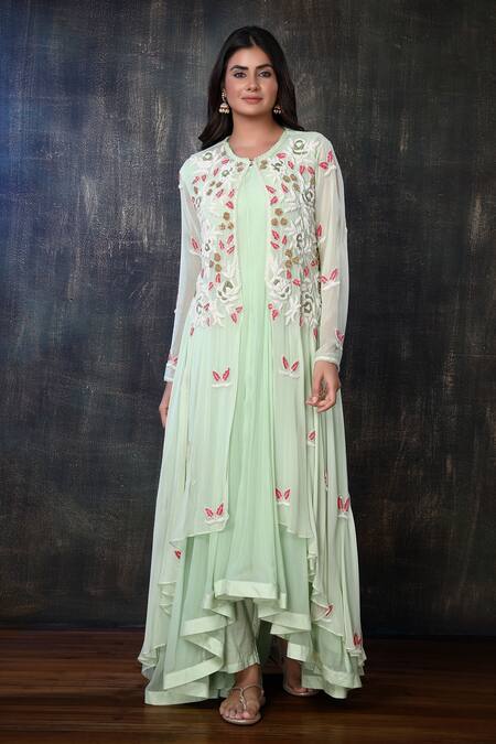 Buy_Preeti Jhawar_Green Chiffon, Georgette, Cotton Satin, Shantoon Embroidered Jacket And Pant Set _Online_at_Aza_Fashions