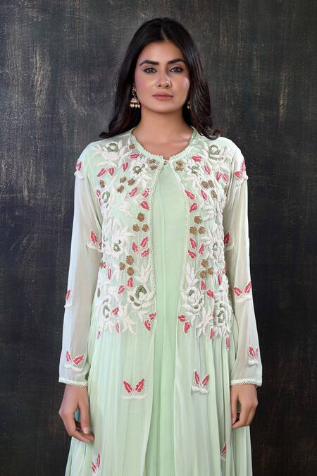 Shop_Preeti Jhawar_Green Chiffon, Georgette, Cotton Satin, Shantoon Embroidered Jacket And Pant Set _Online_at_Aza_Fashions
