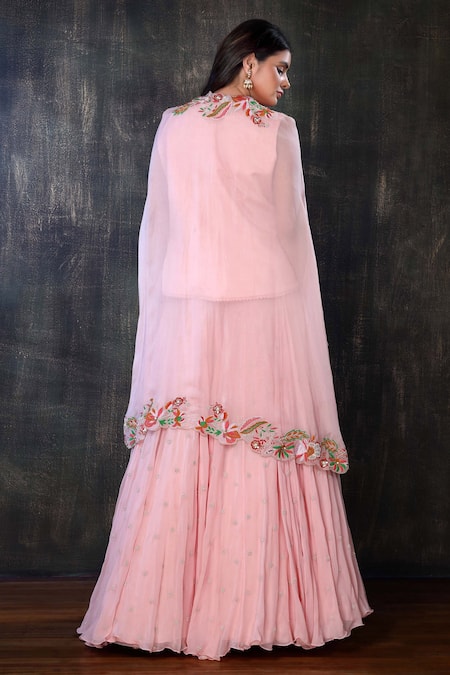 Shop Preeti Jhawar Pink Organza, Georgette, Handloom Cotton Floral, Moti Embroidered Lehenga Set at Aza Fashions Shop_Preeti Jhawar_Pink Organza, Georgette, Handloom Cotton Floral, Moti Embroidered Lehenga Set _at_Aza_Fashions