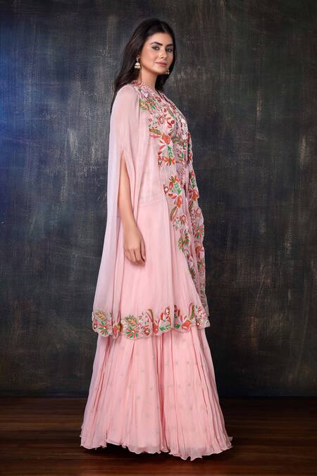 Preeti Jhawar Pink Organza, Georgette, Handloom Cotton Floral, Moti Embroidered Lehenga Set Online at Aza Fashions Preeti Jhawar_Pink Organza, Georgette, Handloom Cotton Floral, Moti Embroidered Lehenga Set _Online_at_Aza_Fashions