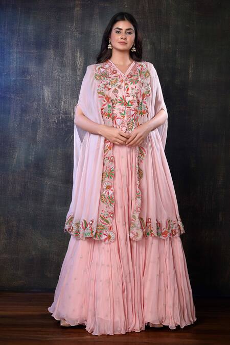 Buy Preeti Jhawar Pink Organza, Georgette, Handloom Cotton Floral, Moti Embroidered Lehenga Set Online at Aza Fashions Buy_Preeti Jhawar_Pink Organza, Georgette, Handloom Cotton Floral, Moti Embroidered Lehenga Set _Online_at_Aza_Fashions