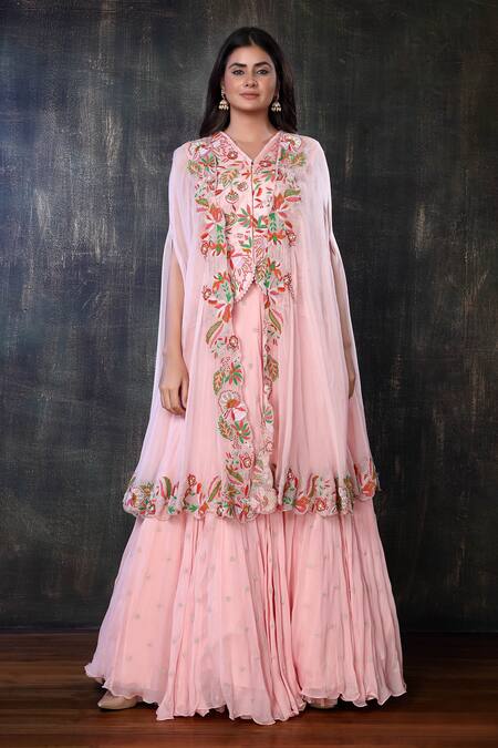 Shop Preeti Jhawar Pink Organza, Georgette, Handloom Cotton Floral, Moti Embroidered Lehenga Set Online at Aza Fashions Shop_Preeti Jhawar_Pink Organza, Georgette, Handloom Cotton Floral, Moti Embroidered Lehenga Set _Online_at_Aza_Fashions