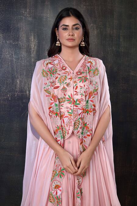 Preeti Jhawar Pink Organza, Georgette, Handloom Cotton Floral, Moti Embroidered Lehenga Set at Aza Fashions Preeti Jhawar_Pink Organza, Georgette, Handloom Cotton Floral, Moti Embroidered Lehenga Set _at_Aza_Fashions