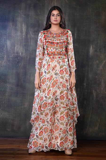 Preeti Jhawar Multi Color Chiffon Floral Round Printed Kurta And Palazzo Set Online at Aza Fashions Preeti Jhawar_Multi Color Chiffon Floral Round Printed Kurta And Palazzo Set _Online_at_Aza_Fashions