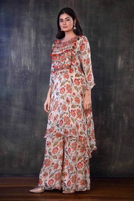 Buy Preeti Jhawar Multi Color Chiffon Floral Round Printed Kurta And Palazzo Set Online at Aza Fashions Buy_Preeti Jhawar_Multi Color Chiffon Floral Round Printed Kurta And Palazzo Set _Online_at_Aza_Fashions
