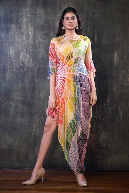 Preeti Jhawar_Multi Color Chiffon Abstract Cowl Neck Print Dress _Online_at_Aza_Fashions