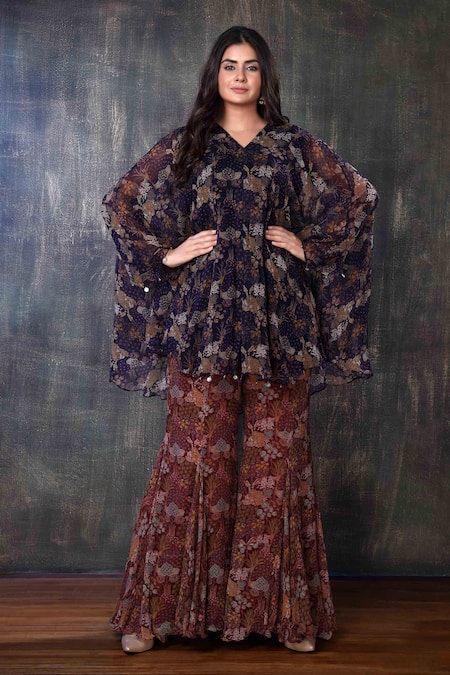 Preeti Jhawar Purple Chiffon Floral V Neck Printed Kurta And Sharara Set 