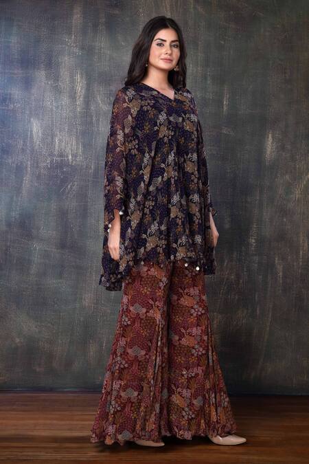 Preeti Jhawar Purple Chiffon Floral V Neck Printed Kurta And Sharara Set Online at Aza Fashions Preeti Jhawar_Purple Chiffon Floral V Neck Printed Kurta And Sharara Set _Online_at_Aza_Fashions
