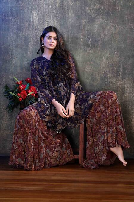 Buy Preeti Jhawar Purple Chiffon Floral V Neck Printed Kurta And Sharara Set Online at Aza Fashions Buy_Preeti Jhawar_Purple Chiffon Floral V Neck Printed Kurta And Sharara Set _Online_at_Aza_Fashions