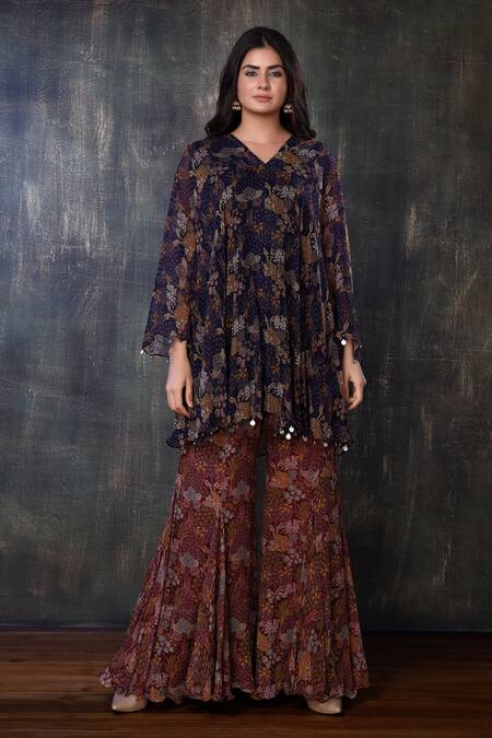 Shop Preeti Jhawar Purple Chiffon Floral V Neck Printed Kurta And Sharara Set Online at Aza Fashions Shop_Preeti Jhawar_Purple Chiffon Floral V Neck Printed Kurta And Sharara Set _Online_at_Aza_Fashions