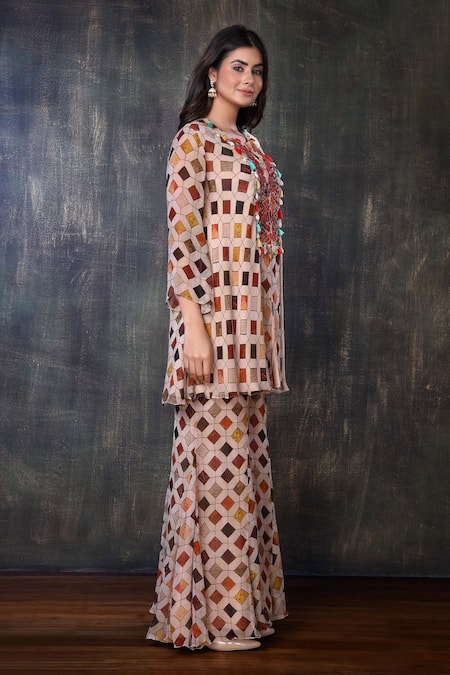 Preeti Jhawar_Multi Color Chiffon Geometric Notched Printed Kurta And Palazzo Set _Online_at_Aza_Fashions