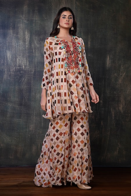 Buy_Preeti Jhawar_Multi Color Chiffon Geometric Notched Printed Kurta And Palazzo Set _Online_at_Aza_Fashions