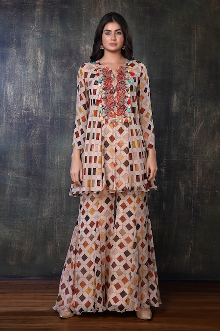 Shop_Preeti Jhawar_Multi Color Chiffon Geometric Notched Printed Kurta And Palazzo Set _Online_at_Aza_Fashions