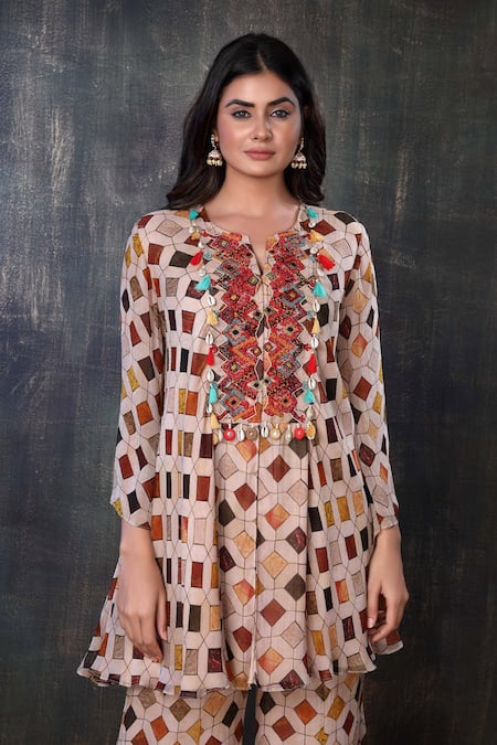 Preeti Jhawar_Multi Color Chiffon Geometric Notched Printed Kurta And Palazzo Set _at_Aza_Fashions