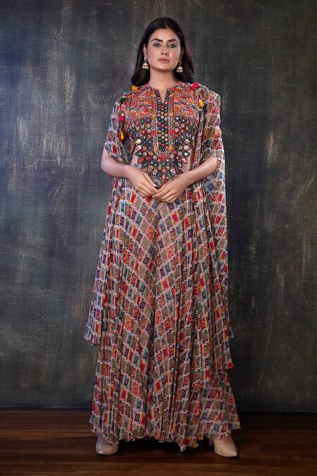 Preeti Jhawar Multi Color Chiffon Geometric Open Printed Cape And Sharara Set Online at Aza Fashions Preeti Jhawar_Multi Color Chiffon Geometric Open Printed Cape And Sharara Set _Online_at_Aza_Fashions