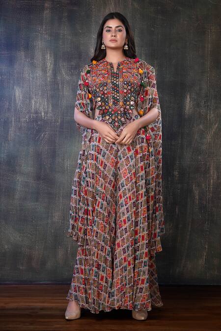 Buy Preeti Jhawar Multi Color Chiffon Geometric Open Printed Cape And Sharara Set Online at Aza Fashions Buy_Preeti Jhawar_Multi Color Chiffon Geometric Open Printed Cape And Sharara Set _Online_at_Aza_Fashions