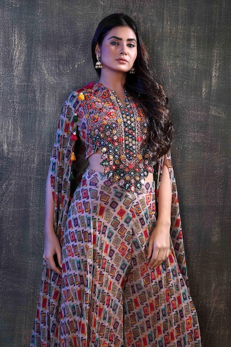 Shop Preeti Jhawar Multi Color Chiffon Geometric Open Printed Cape And Sharara Set Online at Aza Fashions Shop_Preeti Jhawar_Multi Color Chiffon Geometric Open Printed Cape And Sharara Set _Online_at_Aza_Fashions