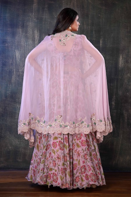 Shop Preeti Jhawar Multi Color Organza, Chiffon Floral Open Embroidered Cape Lehenga Set at Aza Fashions Shop_Preeti Jhawar_Multi Color Organza, Chiffon Floral Open Embroidered Cape Lehenga Set _at_Aza_Fashions