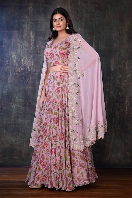 Buy Preeti Jhawar Multi Color Organza, Chiffon Floral Open Embroidered Cape Lehenga Set Online at Aza Fashions Buy_Preeti Jhawar_Multi Color Organza, Chiffon Floral Open Embroidered Cape Lehenga Set _Online_at_Aza_Fashions