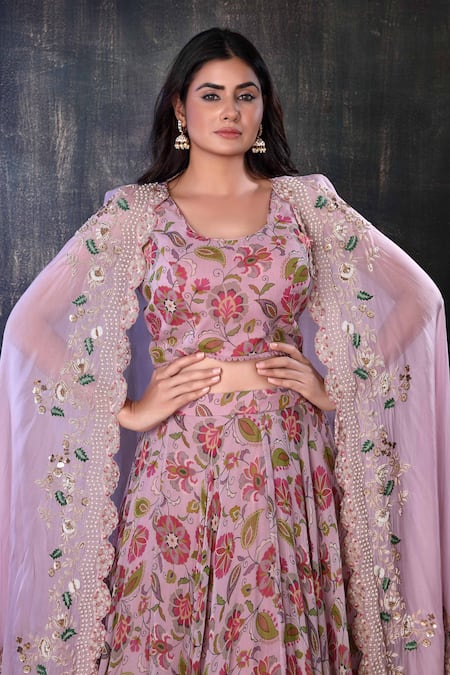 Preeti Jhawar Multi Color Organza, Chiffon Floral Open Embroidered Cape Lehenga Set at Aza Fashions Preeti Jhawar_Multi Color Organza, Chiffon Floral Open Embroidered Cape Lehenga Set _at_Aza_Fashions