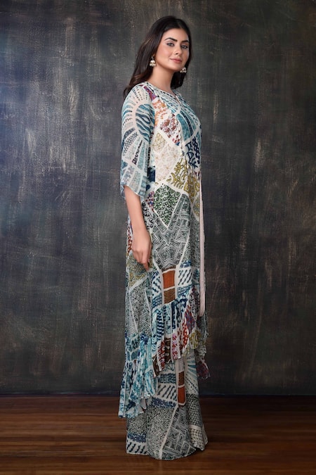 Preeti Jhawar Multi Color Chiffon Abstract Notched Printed Kurta And Palazzo Set Online at Aza Fashions Preeti Jhawar_Multi Color Chiffon Abstract Notched Printed Kurta And Palazzo Set _Online_at_Aza_Fashions