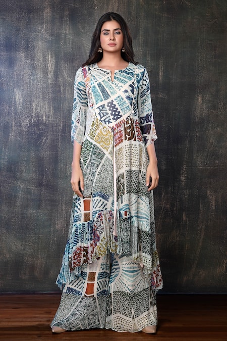 Buy Preeti Jhawar Multi Color Chiffon Abstract Notched Printed Kurta And Palazzo Set Online at Aza Fashions Buy_Preeti Jhawar_Multi Color Chiffon Abstract Notched Printed Kurta And Palazzo Set _Online_at_Aza_Fashions