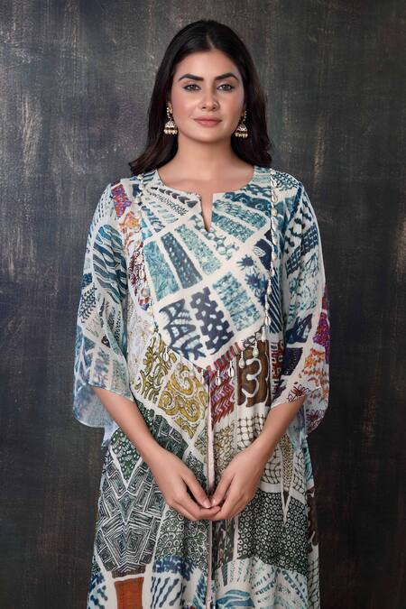 Shop Preeti Jhawar Multi Color Chiffon Abstract Notched Printed Kurta And Palazzo Set Online at Aza Fashions Shop_Preeti Jhawar_Multi Color Chiffon Abstract Notched Printed Kurta And Palazzo Set _Online_at_Aza_Fashions