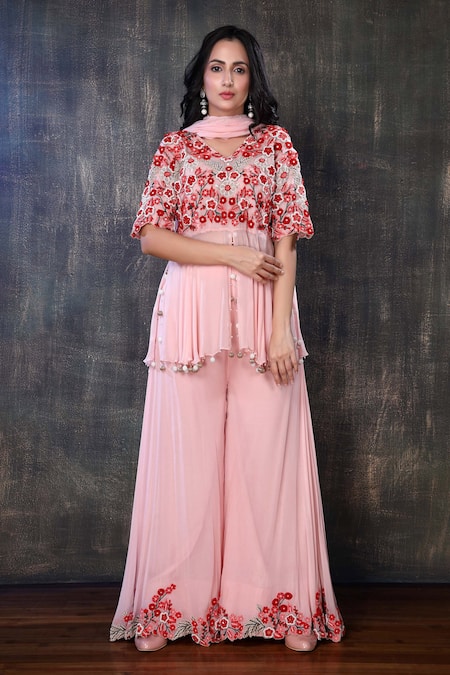 Preeti Jhawar_Pink Organza, Georgette Floral V Neck Embroidered Kurta Palazzo Set _Online_at_Aza_Fashions