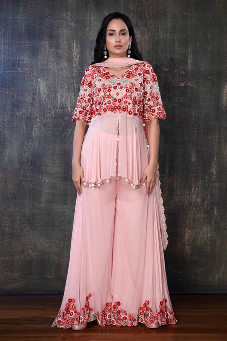 Buy_Preeti Jhawar_Pink Organza, Georgette Floral V Neck Embroidered Kurta Palazzo Set _Online_at_Aza_Fashions