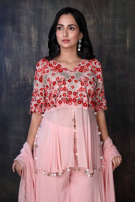 Preeti Jhawar_Pink Organza, Georgette Floral V Neck Embroidered Kurta Palazzo Set _at_Aza_Fashions