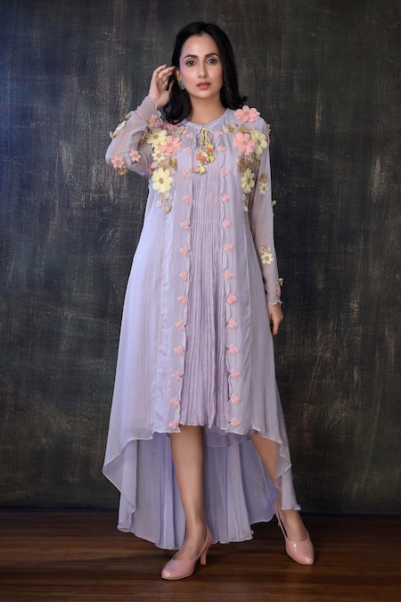 Preeti Jhawar Purple Organza, Chiffon Floral Open Embroidered Jacket With Tunic 