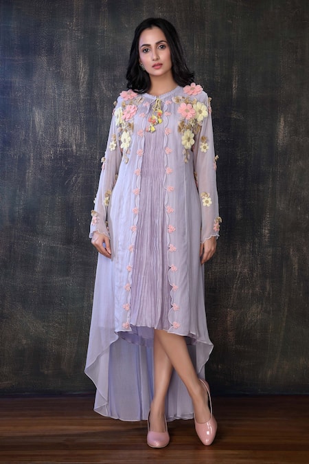 Shop_Preeti Jhawar_Purple Organza, Chiffon Floral Open Embroidered Jacket With Tunic _at_Aza_Fashions