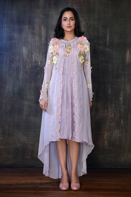 Preeti Jhawar_Purple Organza, Chiffon Floral Open Embroidered Jacket With Tunic _Online_at_Aza_Fashions