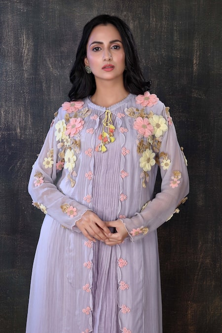 Shop_Preeti Jhawar_Purple Organza, Chiffon Floral Open Embroidered Jacket With Tunic _Online_at_Aza_Fashions