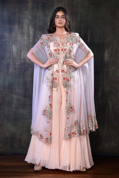 Preeti Jhawar Peach Chiffon, Georgette Floral, Zardozi Open Embroidered Cape Sharara Set 