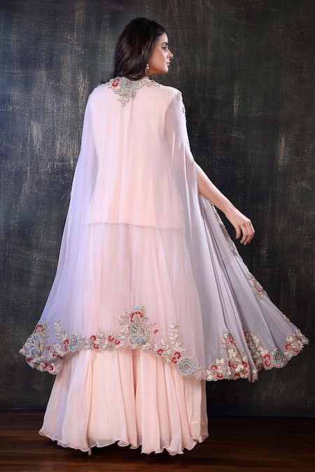 Shop Preeti Jhawar Peach Chiffon, Georgette Floral, Zardozi Open Embroidered Cape Sharara Set at Aza Fashions Shop_Preeti Jhawar_Peach Chiffon, Georgette Floral, Zardozi Open Embroidered Cape Sharara Set _at_Aza_Fashions