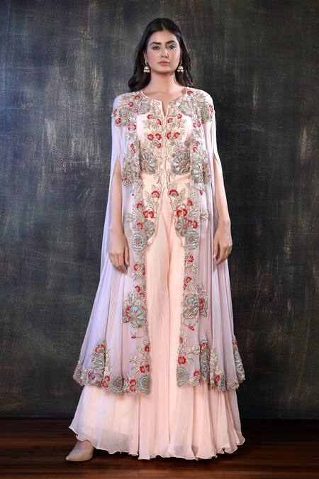 Preeti Jhawar Peach Chiffon, Georgette Floral, Zardozi Open Embroidered Cape Sharara Set Online at Aza Fashions Preeti Jhawar_Peach Chiffon, Georgette Floral, Zardozi Open Embroidered Cape Sharara Set _Online_at_Aza_Fashions