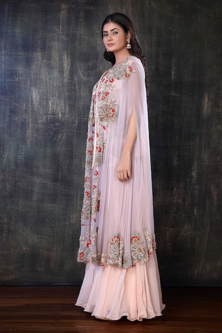 Shop Preeti Jhawar Peach Chiffon, Georgette Floral, Zardozi Open Embroidered Cape Sharara Set Online at Aza Fashions Shop_Preeti Jhawar_Peach Chiffon, Georgette Floral, Zardozi Open Embroidered Cape Sharara Set _Online_at_Aza_Fashions