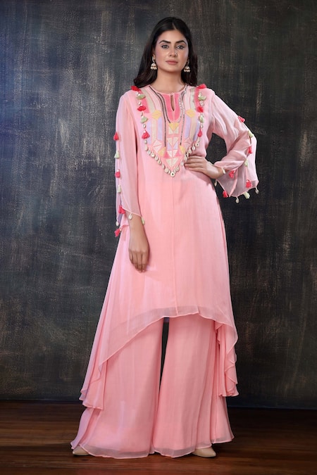 Preeti Jhawar Pink Chiffon Geometric, Sequin, Shell Keyhole Embroidered Kurta And Palazzo Set 