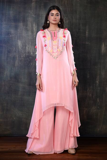 Preeti Jhawar_Pink Chiffon Geometric, Sequin, Shell Keyhole Embroidered Kurta And Palazzo Set _Online_at_Aza_Fashions