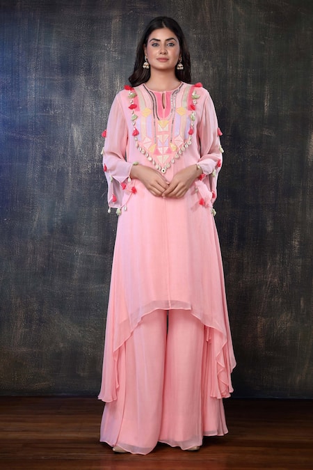 Buy_Preeti Jhawar_Pink Chiffon Geometric, Sequin, Shell Keyhole Embroidered Kurta And Palazzo Set _Online_at_Aza_Fashions