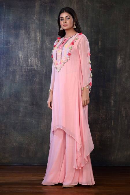 Shop_Preeti Jhawar_Pink Chiffon Geometric, Sequin, Shell Keyhole Embroidered Kurta And Palazzo Set _Online_at_Aza_Fashions