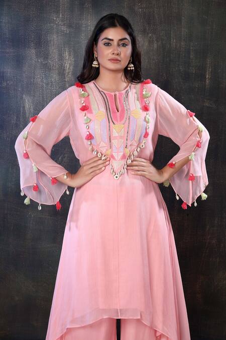 Preeti Jhawar_Pink Chiffon Geometric, Sequin, Shell Keyhole Embroidered Kurta And Palazzo Set _at_Aza_Fashions