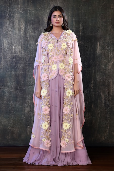 Shop Preeti Jhawar Purple Organza, Georgette, Handloom Cotton Floral Embroidered Cape Lehenga Set at Aza Fashions Shop_Preeti Jhawar_Purple Organza, Georgette, Handloom Cotton Floral Embroidered Cape Lehenga Set _at_Aza_Fashions