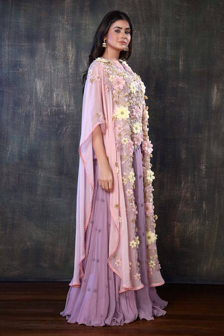 Preeti Jhawar Purple Organza, Georgette, Handloom Cotton Floral Embroidered Cape Lehenga Set Online at Aza Fashions Preeti Jhawar_Purple Organza, Georgette, Handloom Cotton Floral Embroidered Cape Lehenga Set _Online_at_Aza_Fashions